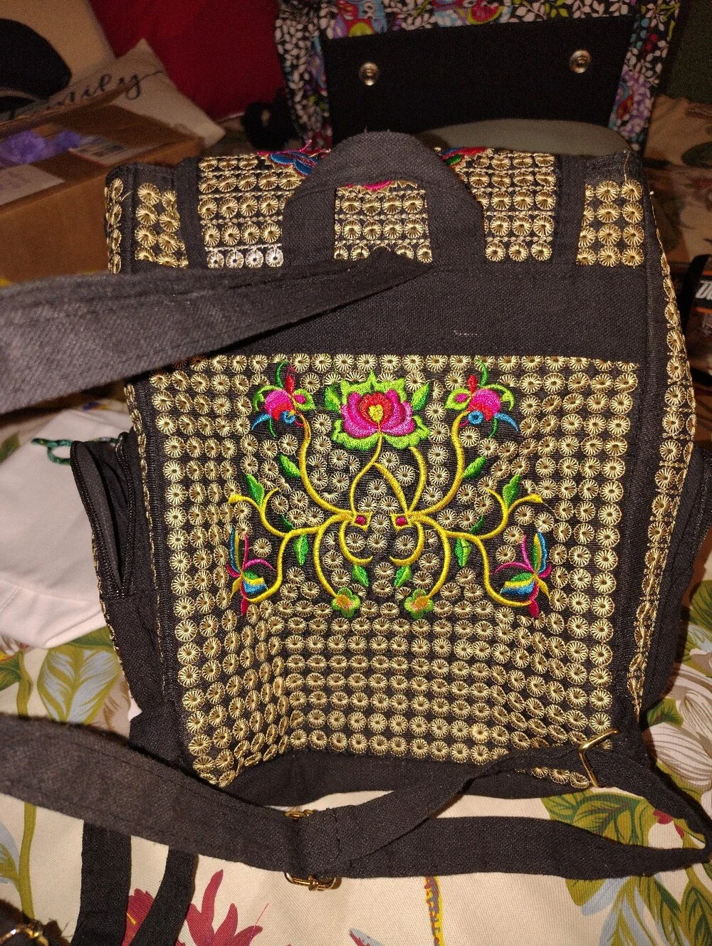 Source Unknown Black Backpack with Bright Pink Floral Embroidery